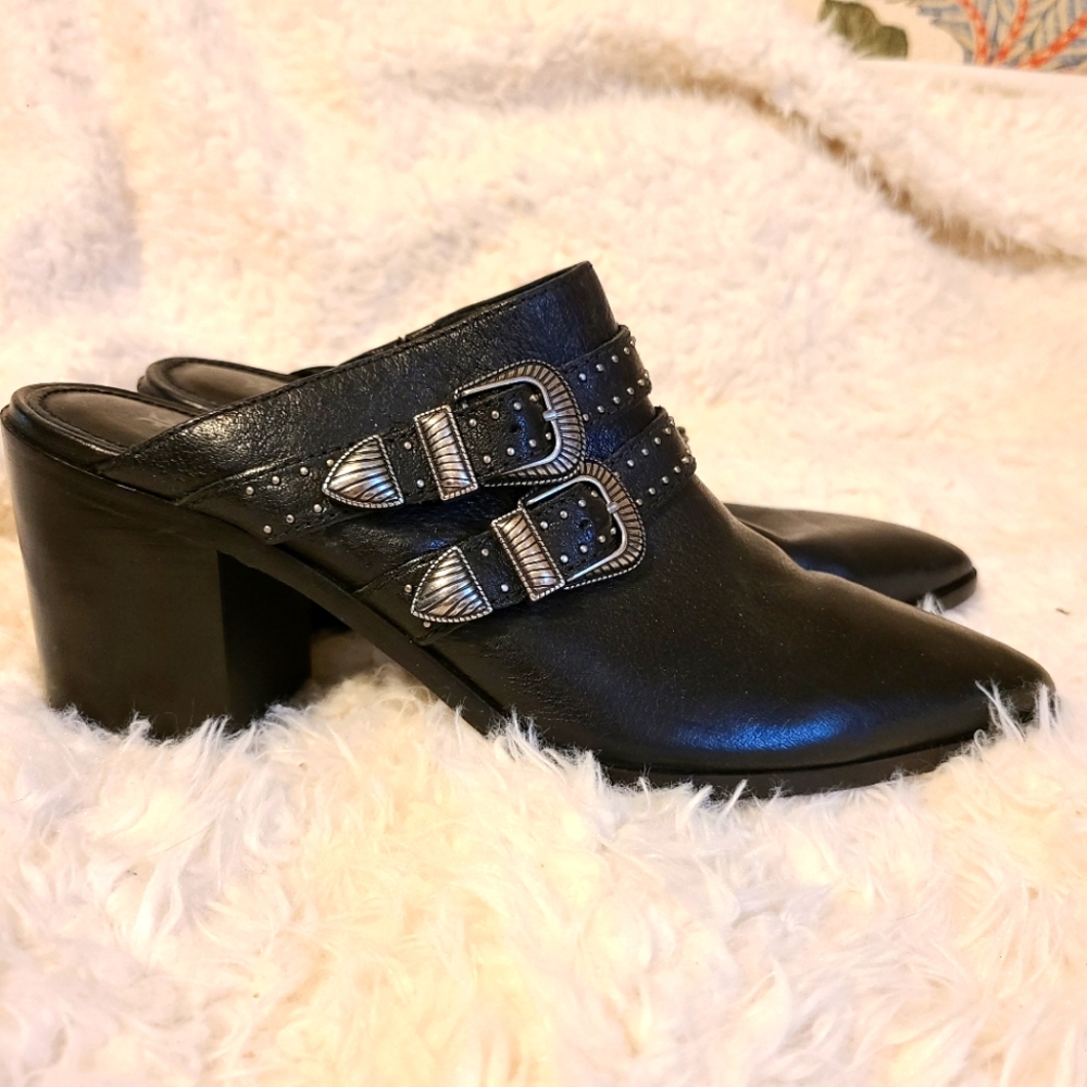 Frye Black Leather Mules